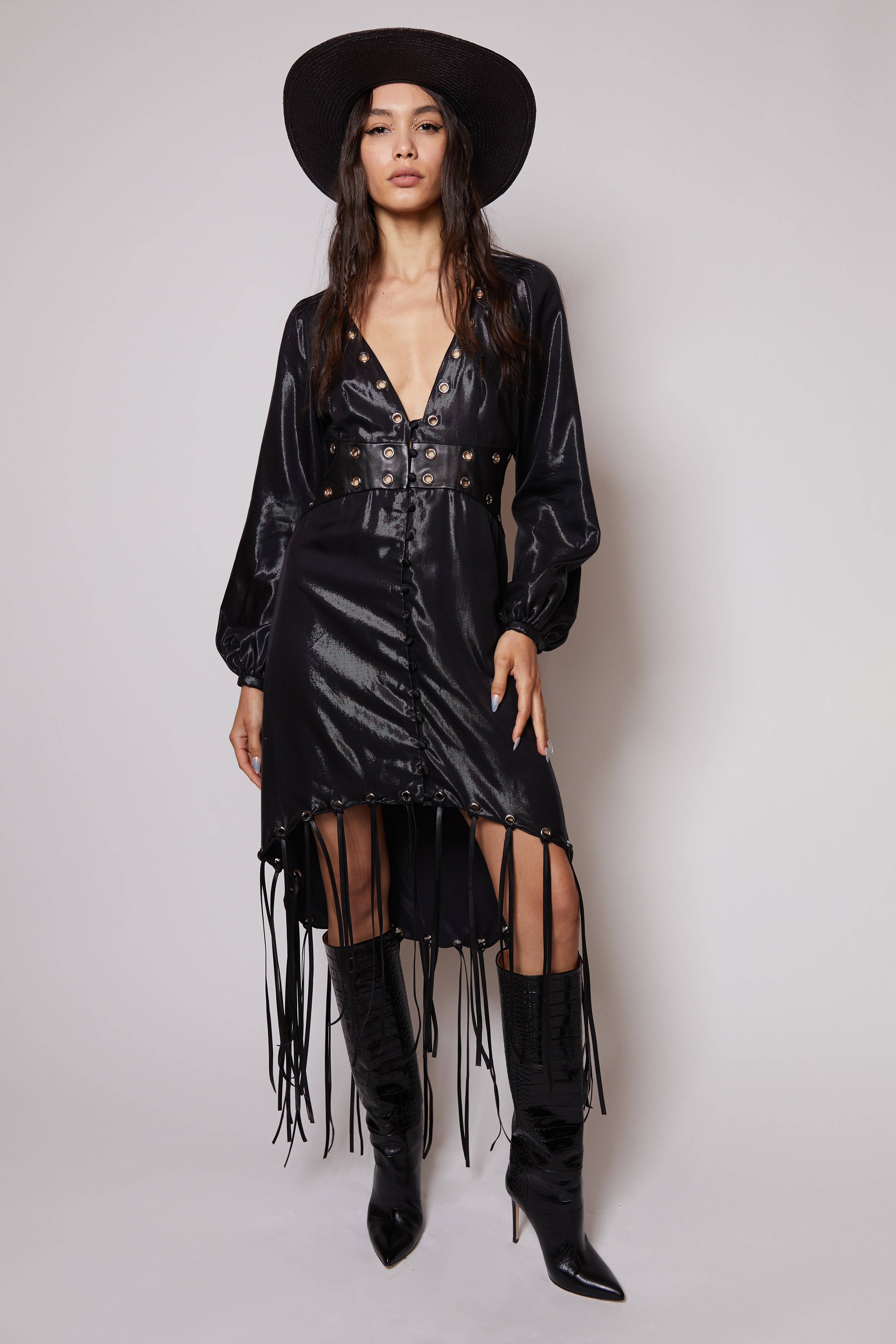 Look Four: Lame Button Down Fringe Dress