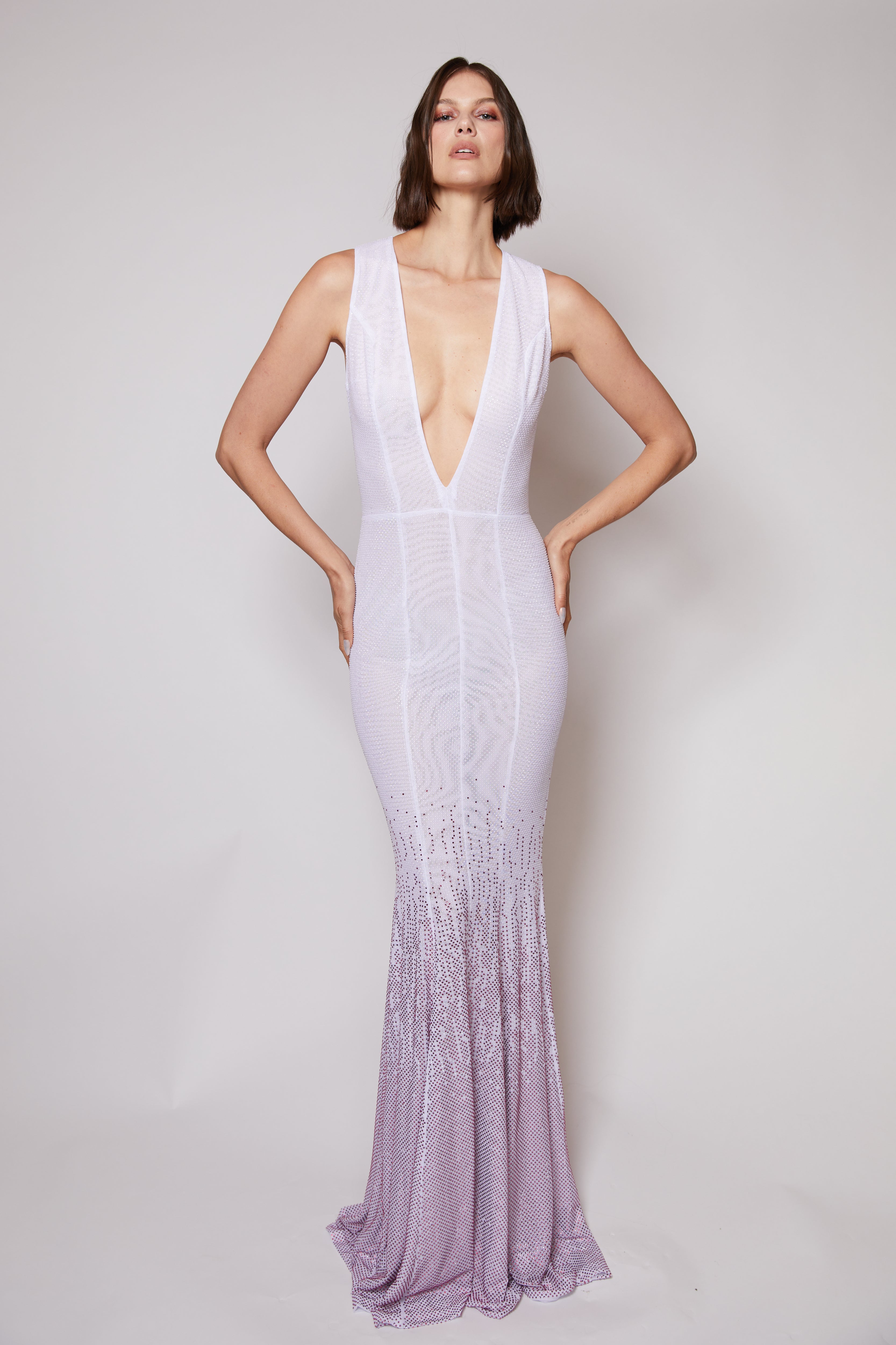 Look Sixteen: Crystal Ombre V Neck Gown